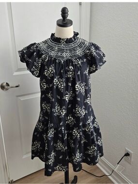 Sea New York XS Black White Floral Smocked Embroidered Tiered Mini Dress